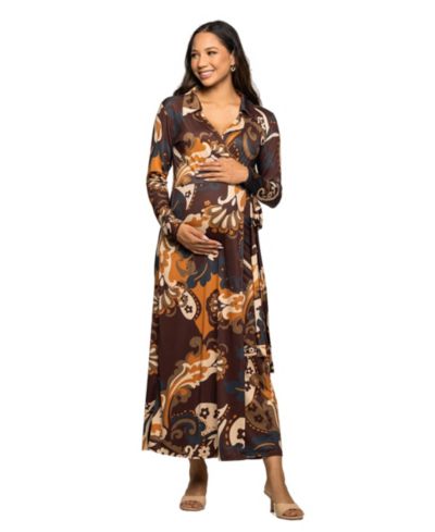 24seven Comfort Apparel Women's Maternity Brown paisley Empire Waist Maxi Dress