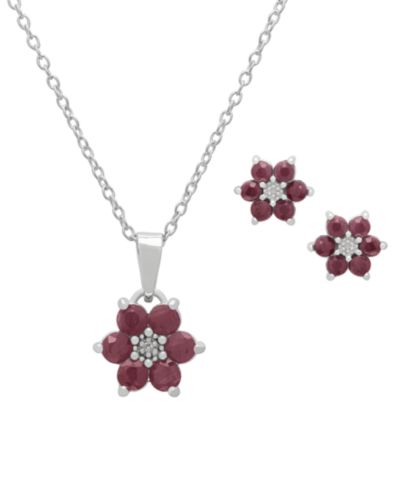 Комплект из кулона и серег с рубином (2.70 ct. t.w.) и бриллиантом (0.015 ct. t.w.) в стерлинговом серебре
