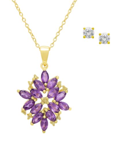 Набор подвески и серег Macy's: аметист, белый топаз (3.54 ct. t.w.) и бриллиант (0.005 ct. t.w.) в позолоченном серебре