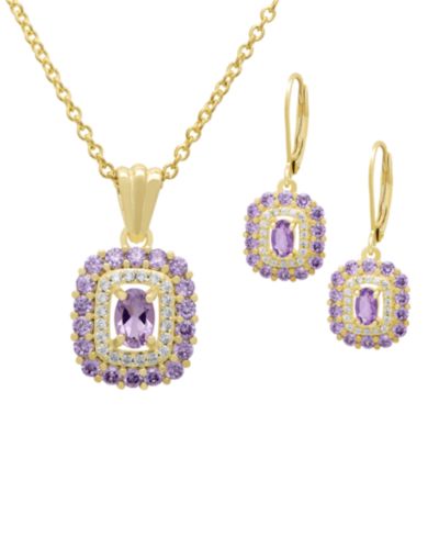 Комплект из 2-х предметов Macy's Amethyst & White Topaz Pendant Necklace & Earrings Set (3.13 ct. t.w.) в Yellow Gold Plated Sterling Silver