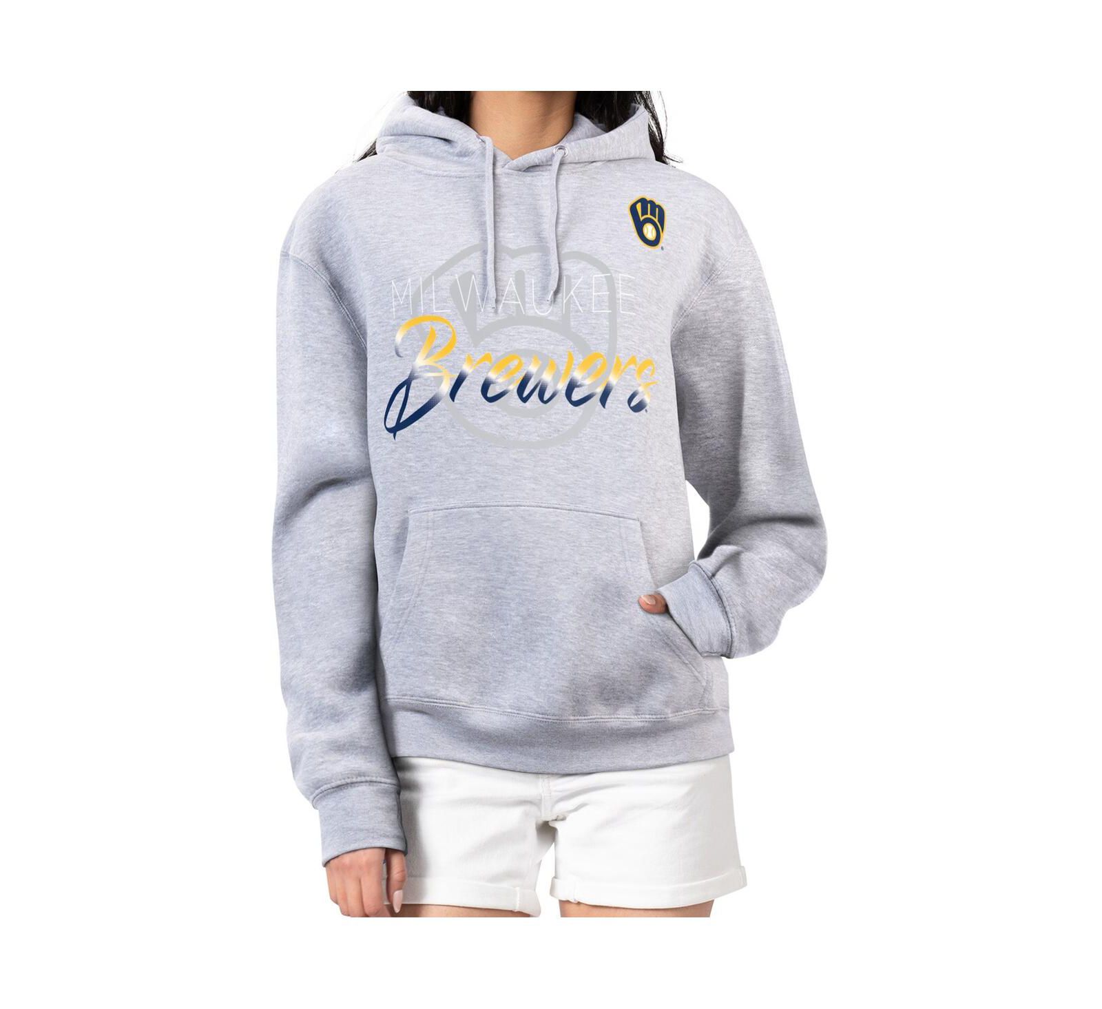 G-III 4Her by Carl Banks Women's Heather Gray Milwaukee Brewers Shadow Logo Graphic Pullover Hoodie
