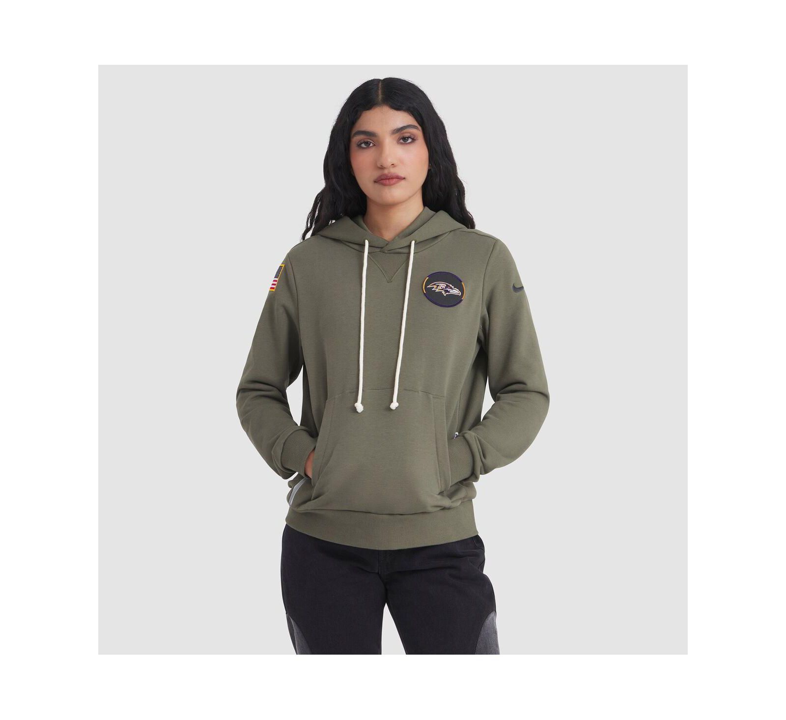 Женское худи Nike Olive Baltimore Ravens 2025 Salute to Service Sideline Standard Issue Dri-FIT