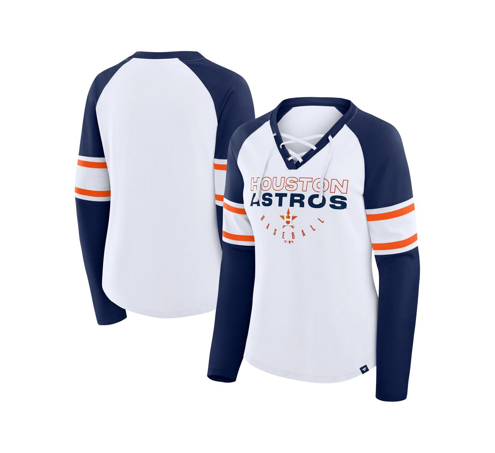 Fanatics Women's White/Navy Houston Astros Blitz Package Raglan Lace-Up V-Neck Long Sleeve T-Shirt