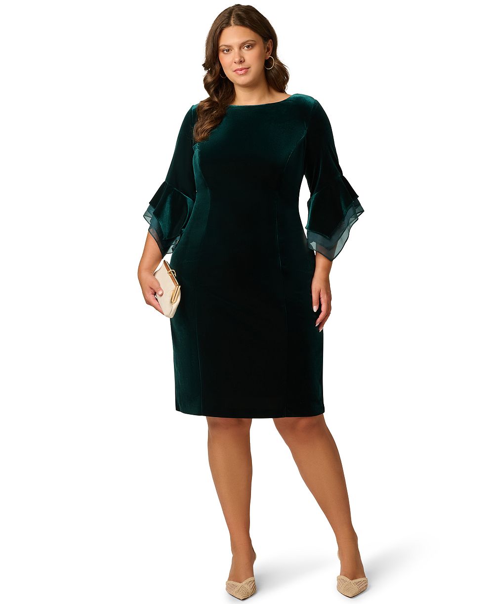 Adrianna Papell Plus Velvet Bell-Sleeve Mesh-Trim Dress