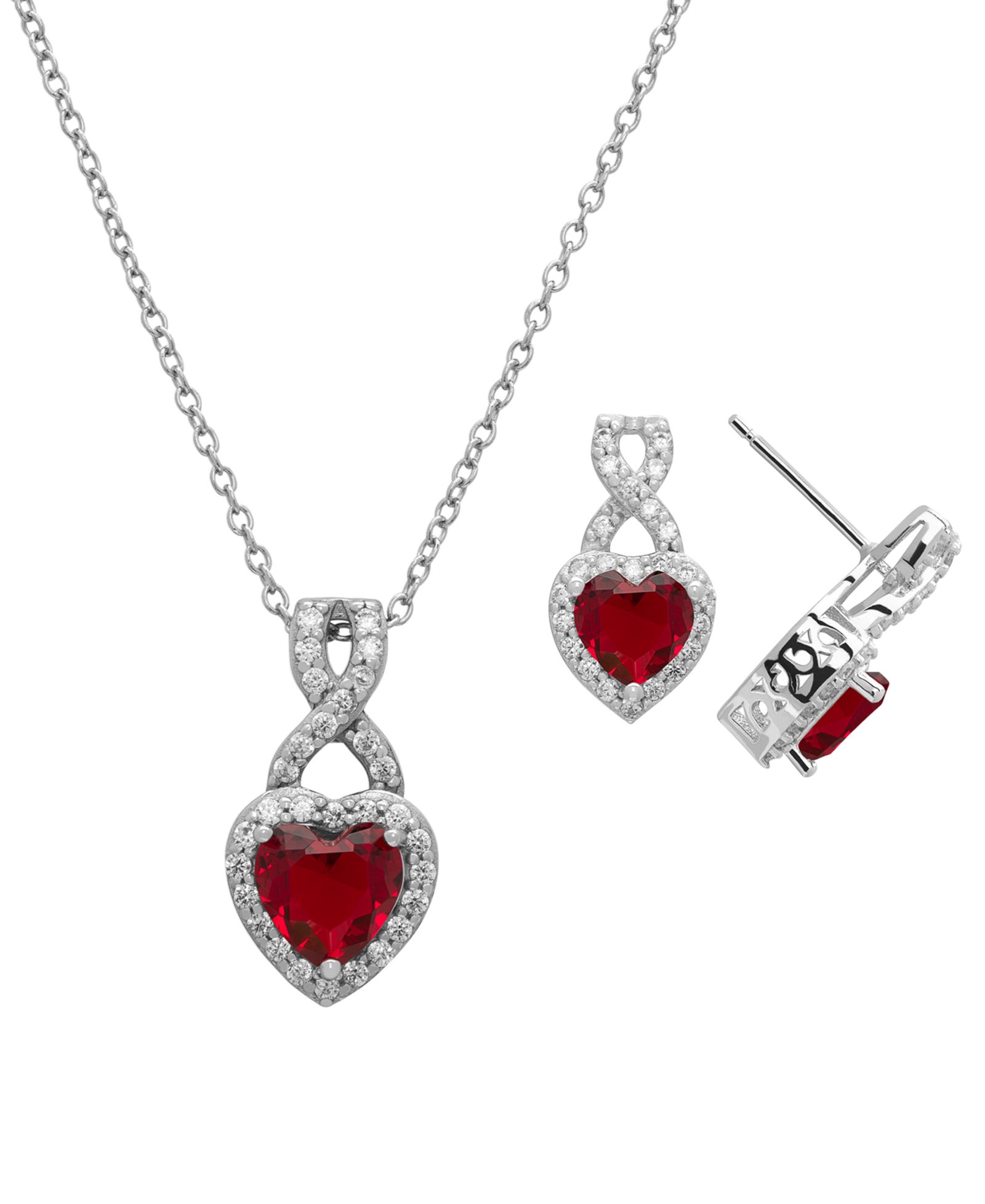 Macy's 2-Pc.Lab Grown Ruby (3.6 ct.tw.) And White Sapphire (0.78 ct.tw.) Infinity Heart Pendant Necklace and Earrings Set in Sterling Silver