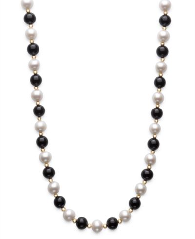 Macy's Freshwater Pearl (7.5-8.5mm), Black Onyx and Gold Bead Necklace in 10k Yellow Gold