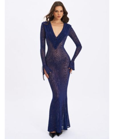Miss Circle Women's Ilyse Navy V-Neck Plunge Animal Print Mermaid Hem Maxi Dress