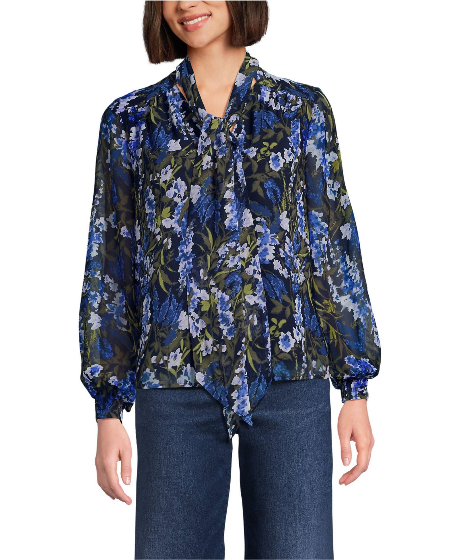 Lands' End Women's Chiffon Removable Tie Neck Blouse