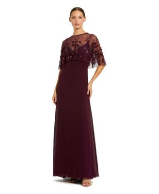 Mac Duggal Women's Embroidered Floral Overlay Chiffon Evening Gown