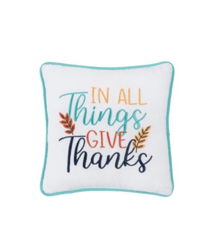 "In All Give Thanks" Wheat Flowers Thanksgiving Mini Accent Pillow 10" x 10"