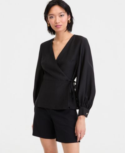I.N.C. International Concepts Women's Long Sleeve Textured Wrap Blouse, Macy's Exclusive