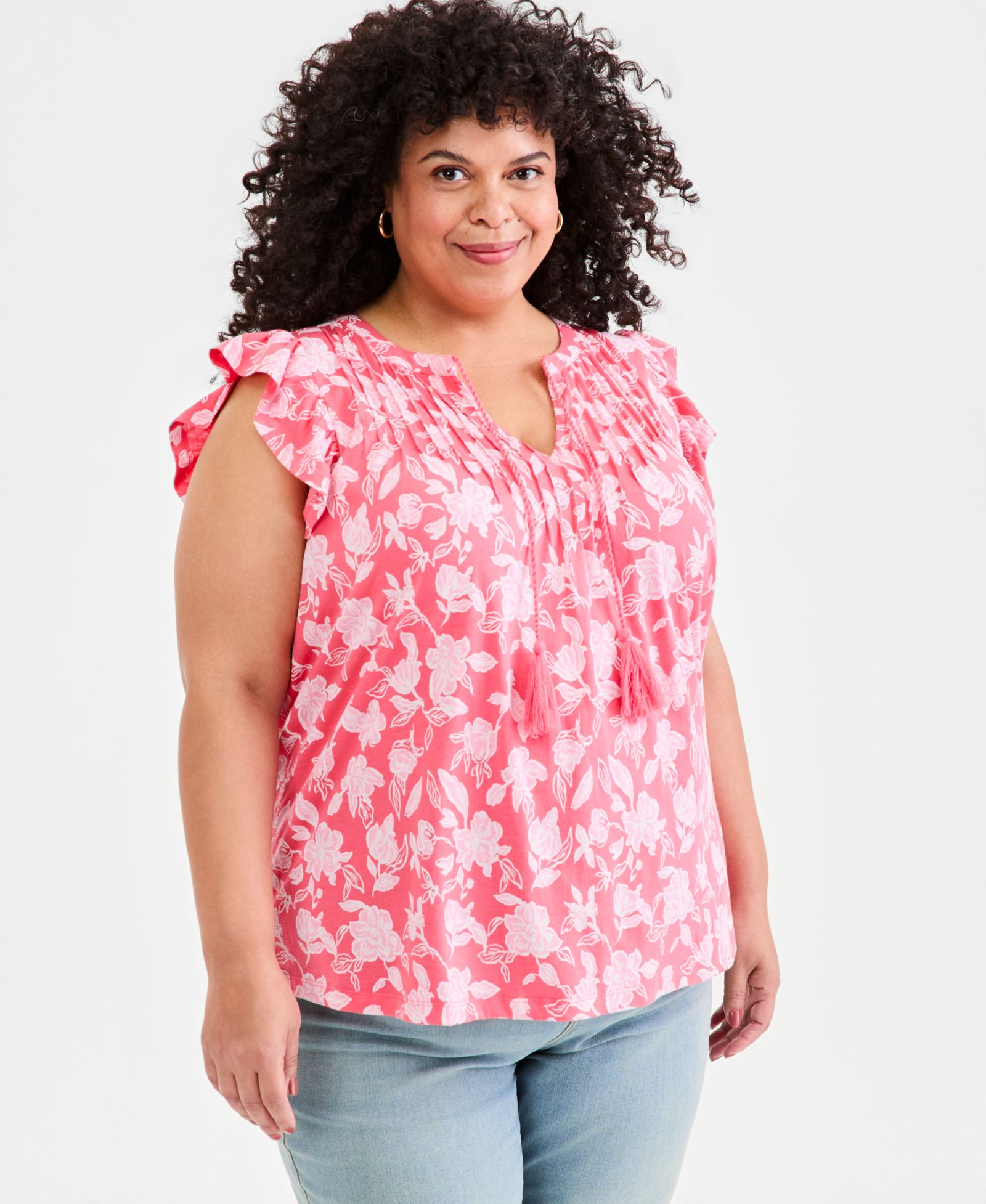 Style & Co Plus Size Printed Pintuck Flutter-Sleeve Tie-Neck Top, Macy's Exclusive