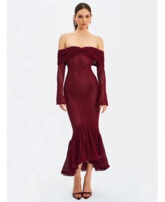 Miss Circle Women Kaedyn Burgundy Off Shoulder Long Sleeve Crochet Mermaid Maxi Dress