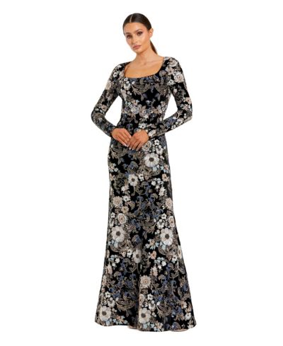 Женское вечернее платье Mac Duggal Embroidered Velvet Long Sleeve Scoop Neck