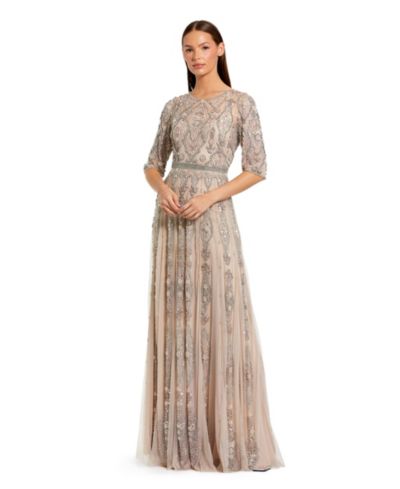 Женское вечернее платье Mac Duggal Beige 3/4 Sleeve Embellished A-line