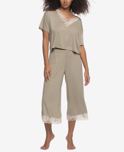 Felina Women's Regular Amelie Jersey Vintage Lace Crop Tee and Wide Leg Pants Set