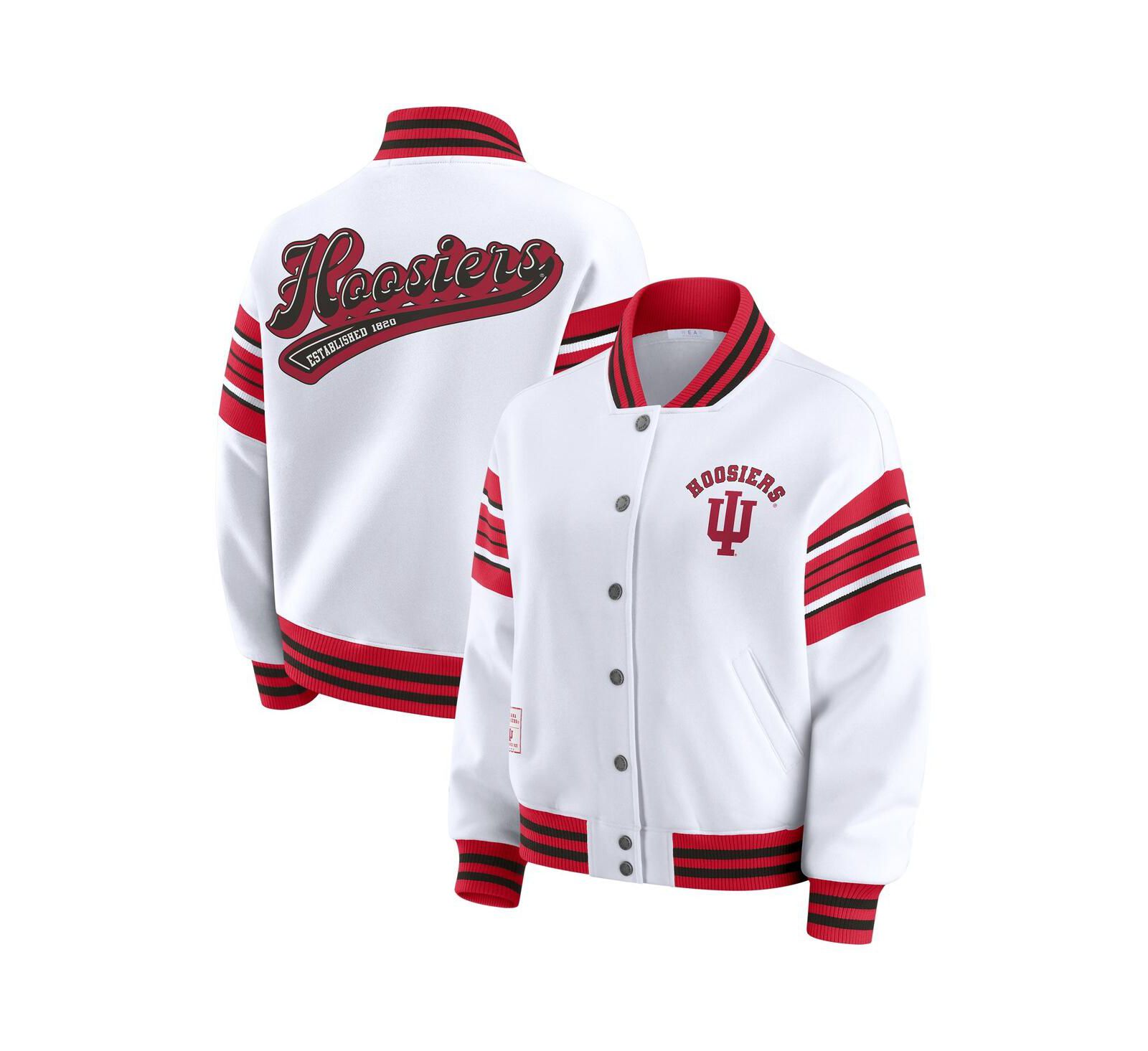 WEAR by Erin Andrews Women's White/Crimson Indiana Hoosiers Satin Stitch Full-Snap Fleece Sweatshirt Jacket