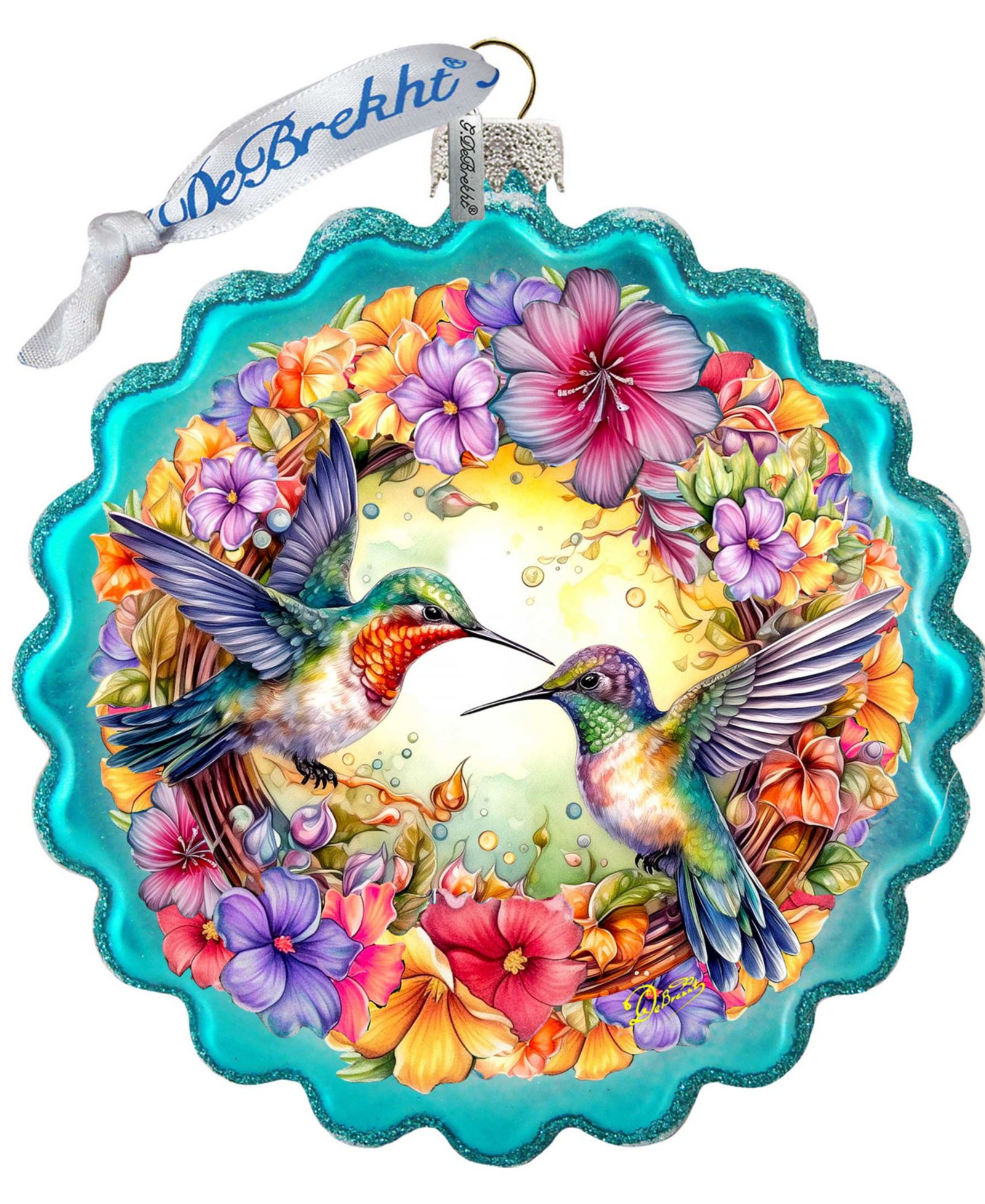 G.DeBrekht Hummingbirds Wreath Glass Christmas Ornament
