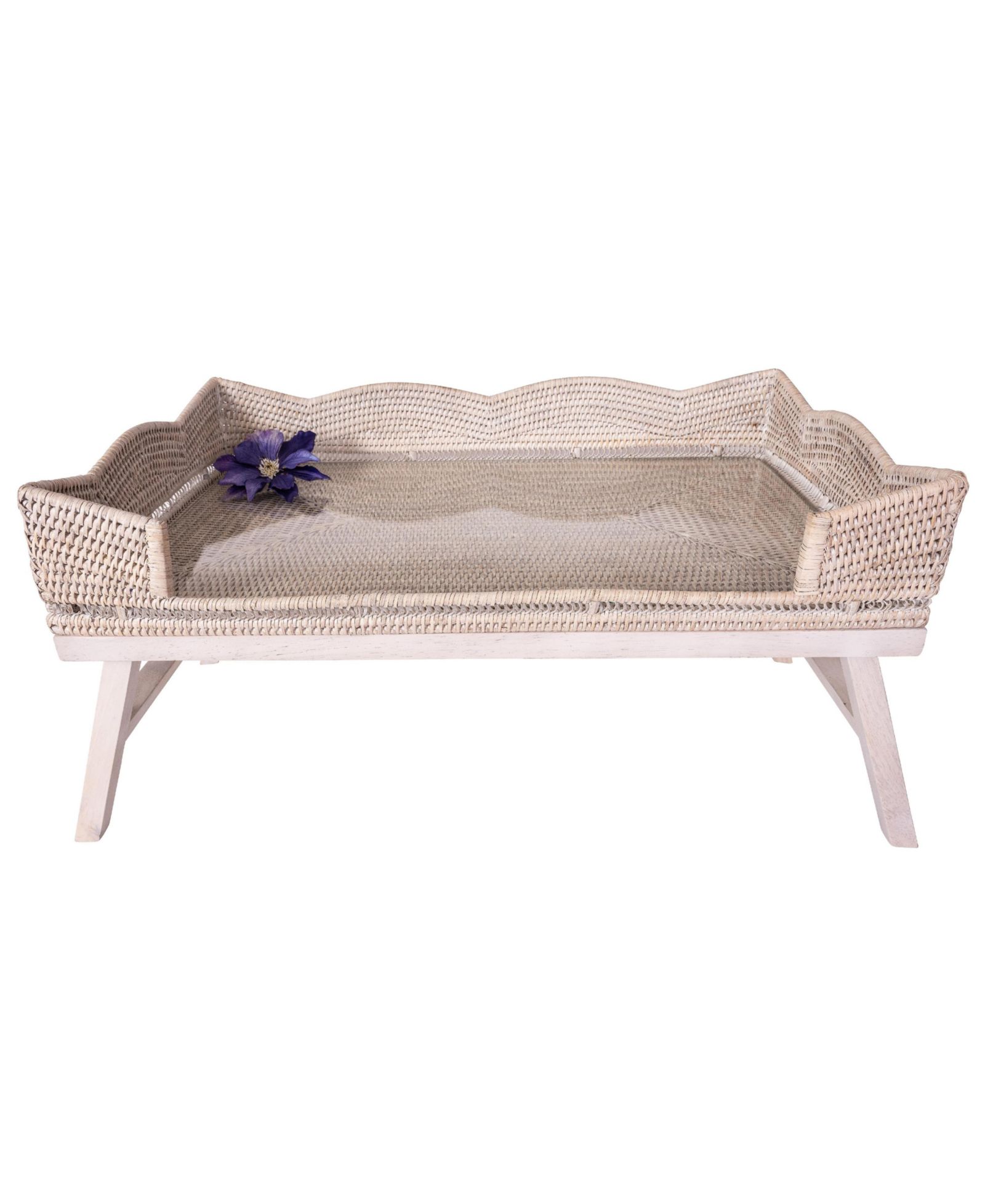Rattan Scallop Breakfast Tray with Foldable Wooden Legs & Glass Insert