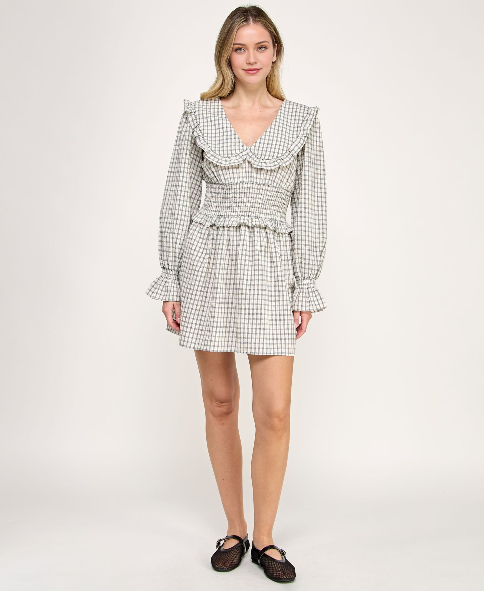 Crystal Doll Juniors' Collared Smocked Checker Pattern Dress