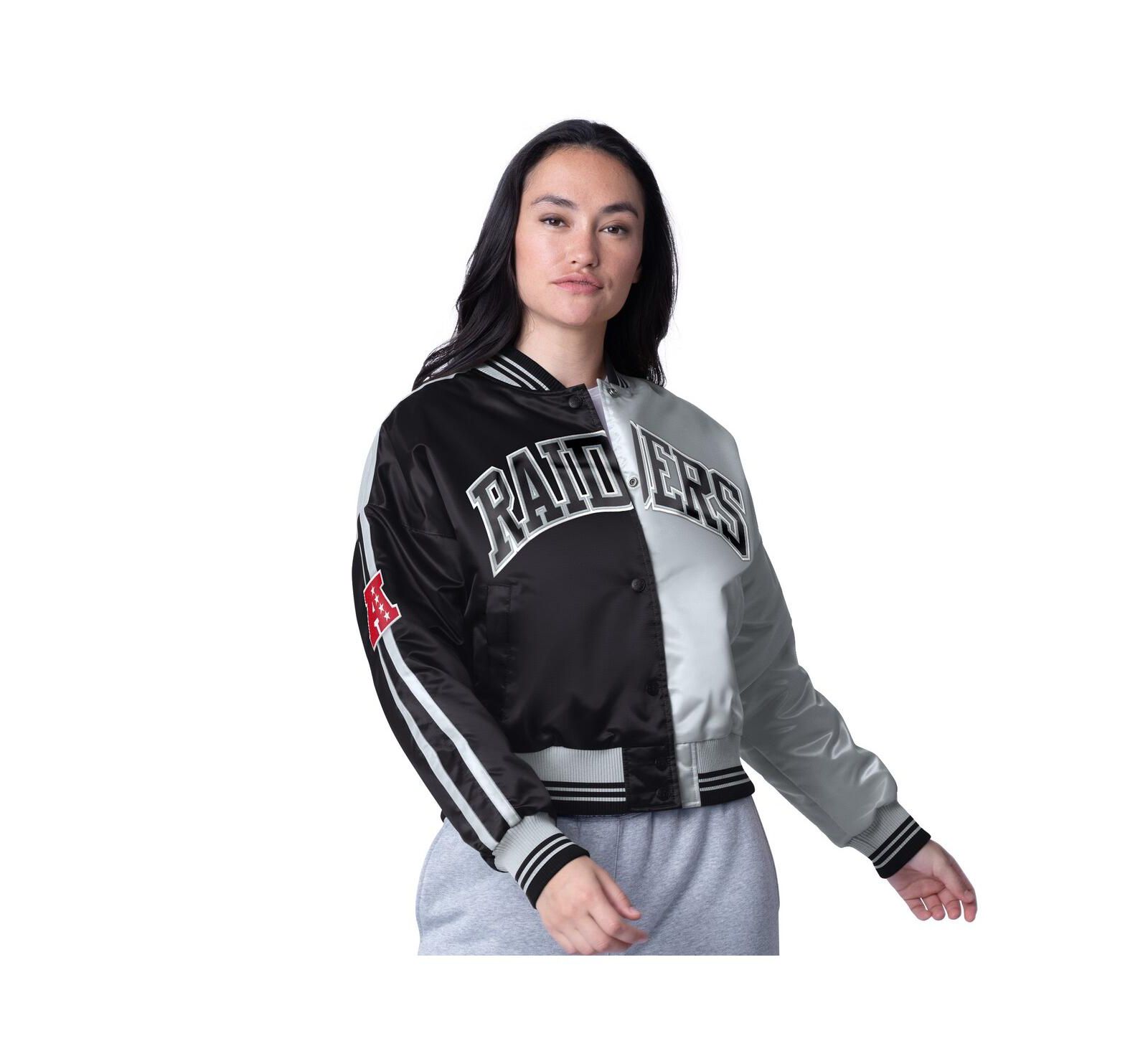 Starter Women's Black/Silver Las Vegas Raiders Zone Blitz Cropped Full-Snap Satin Jacket
