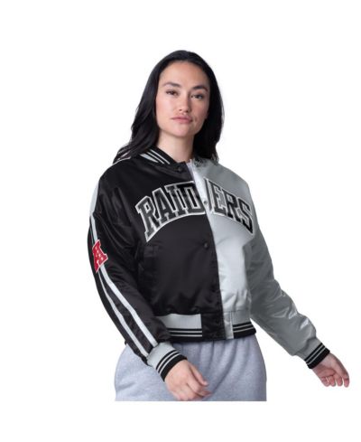 Женская атласная куртка Starter Black/Silver Las Vegas Raiders Zone Blitz укороченная на кнопках