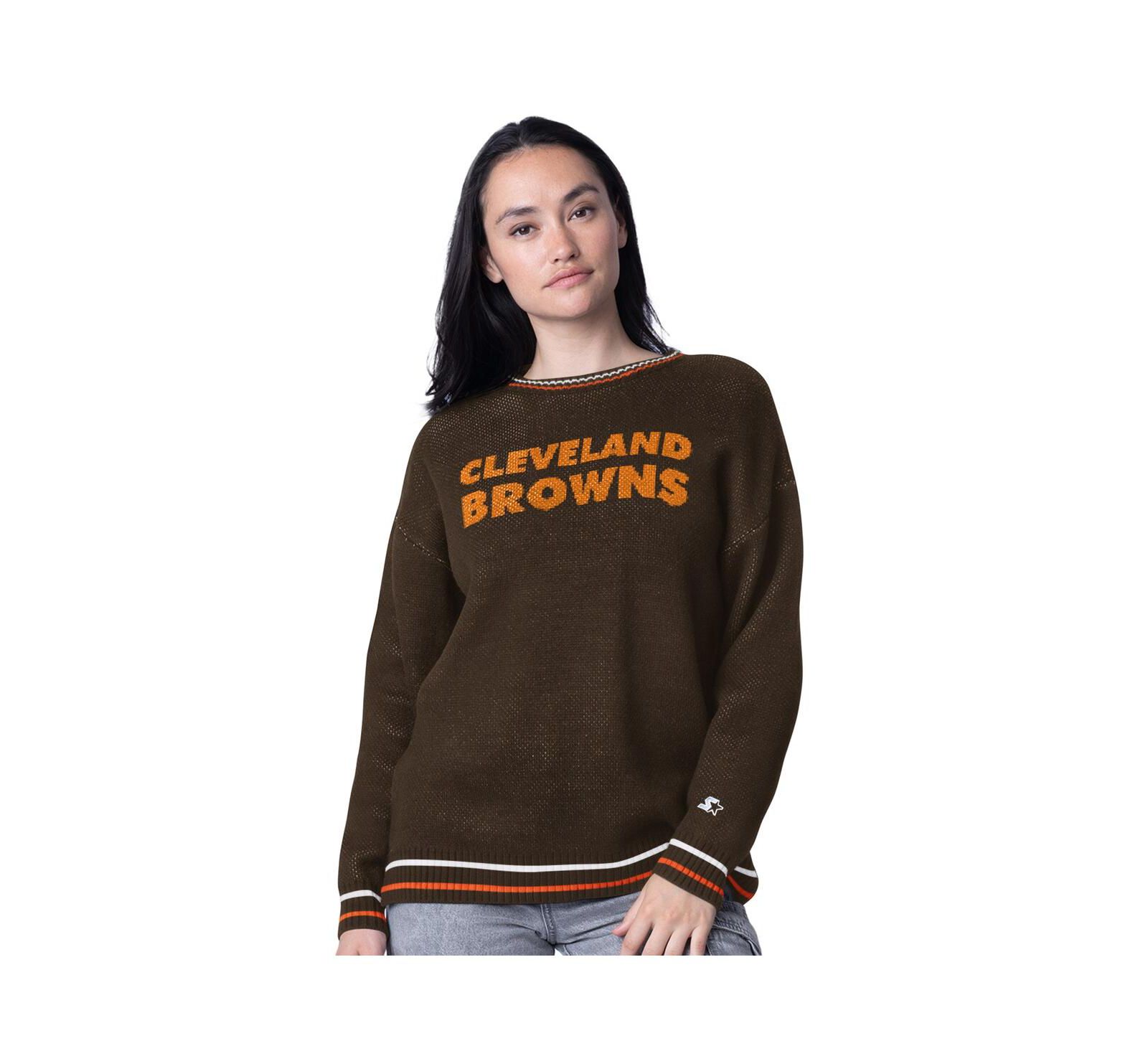 Starter Women's Brown Cleveland Browns Oversized On the Ball Intarsia Knit Pullover Sweater