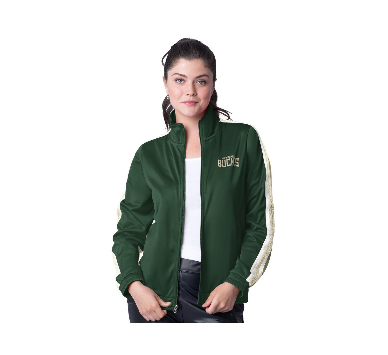 G-III 4Her by Carl Banks Women's Hunter Green/Cream Milwaukee Bucks Rebel Sequin Bling Full-Zip Track Jacket