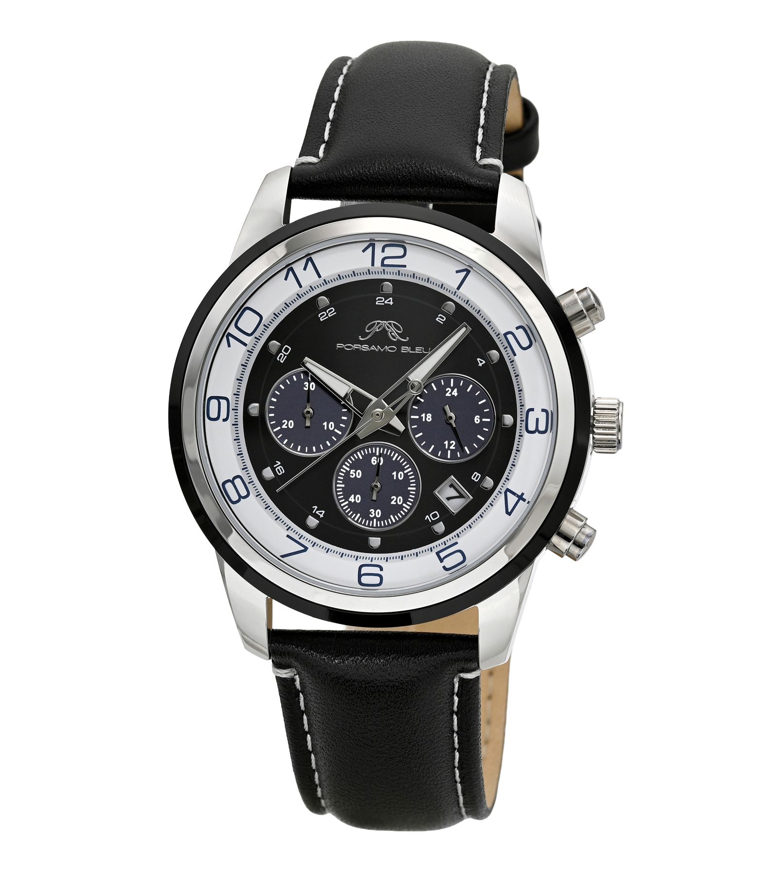 Мужские часы Porsamo Bleu Arthur Chronograph с черным кожаным ремешком 44 mm