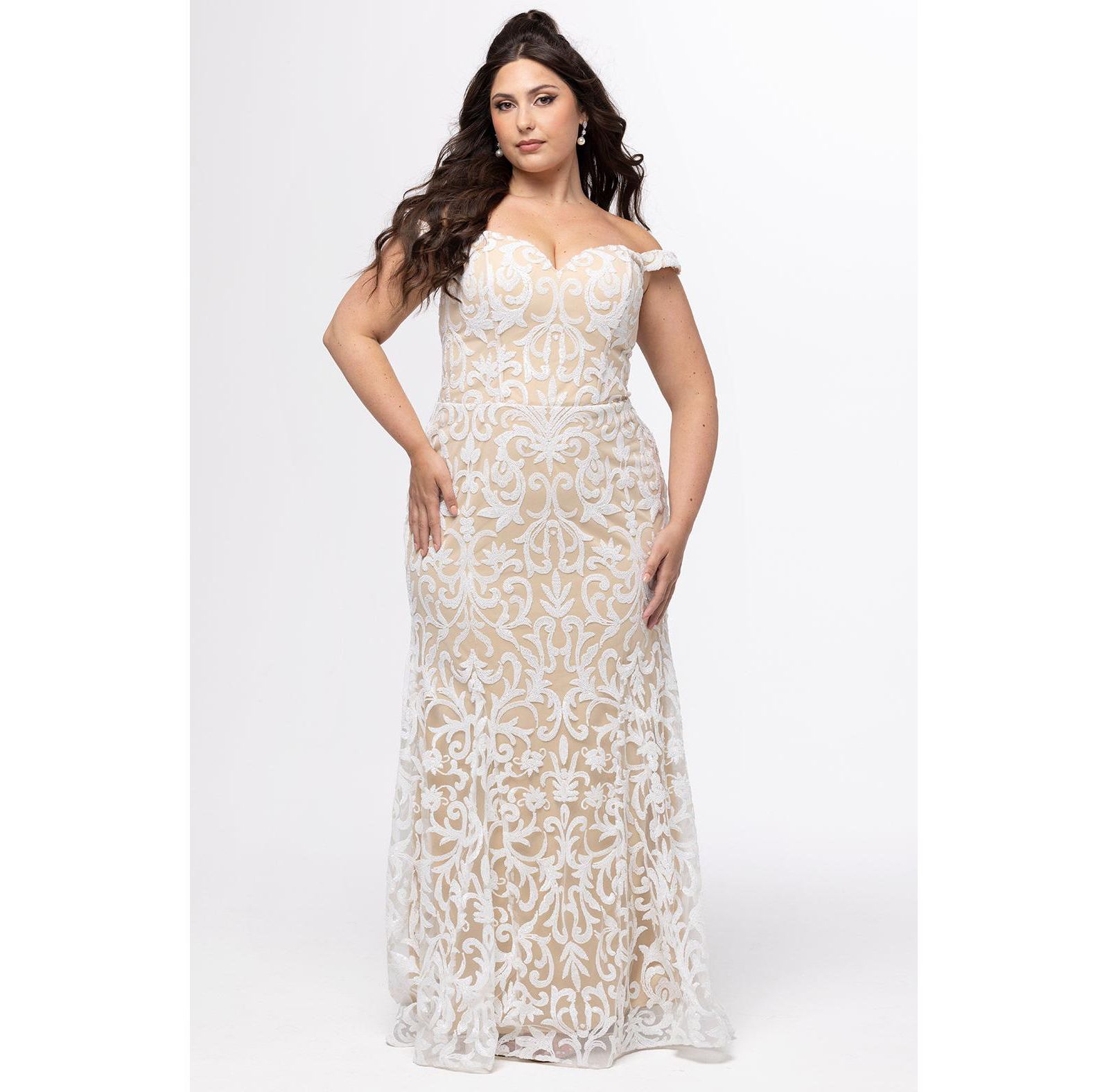 Celebrations by Sydney's Closet Ivory & Nude Plus Size Off-the-Shoulder Sequin Mermaid Dress