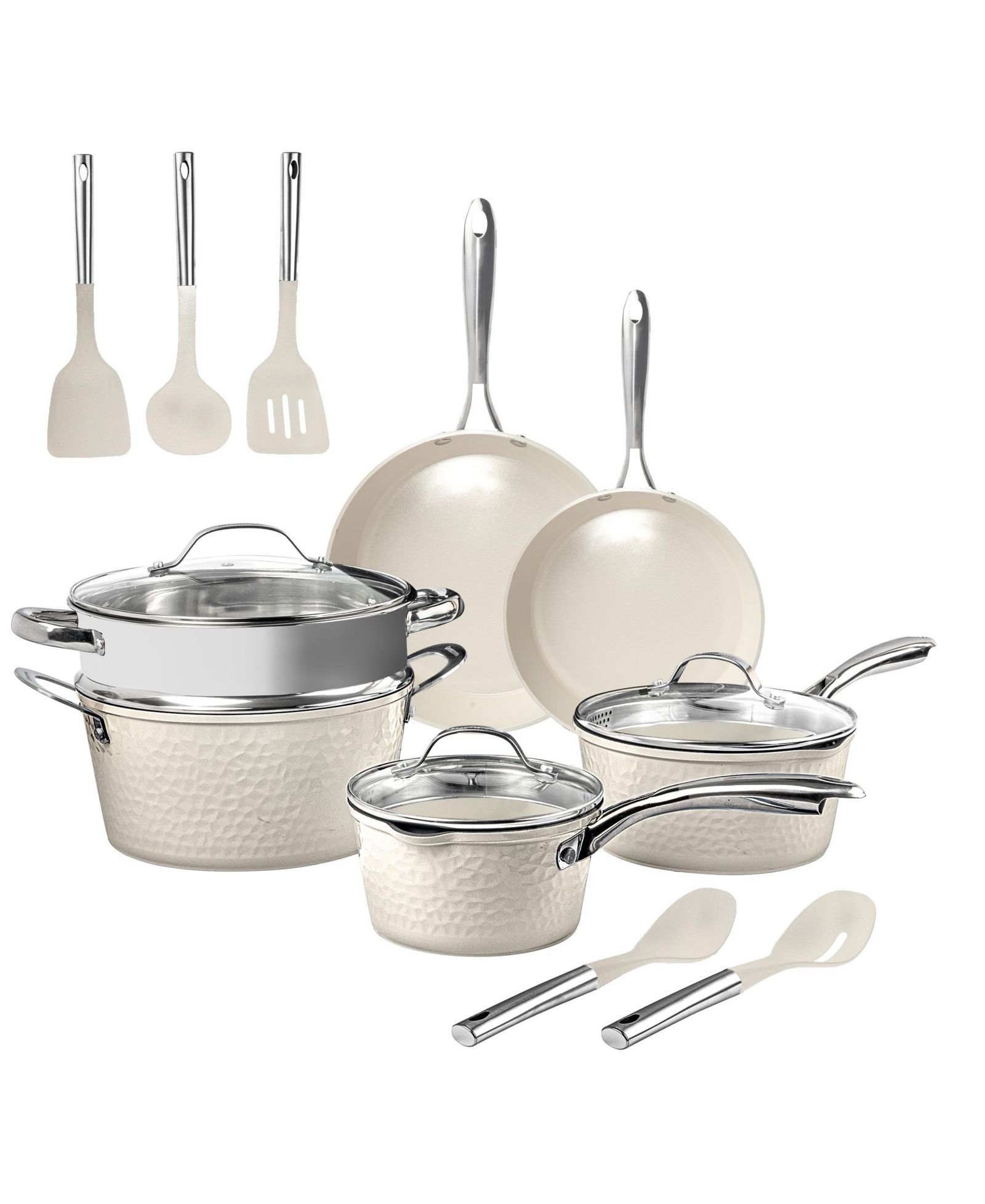Gotham Steel Hammered Cream 15-Piece Ceramic Nonstick Cookware set with Utensils
