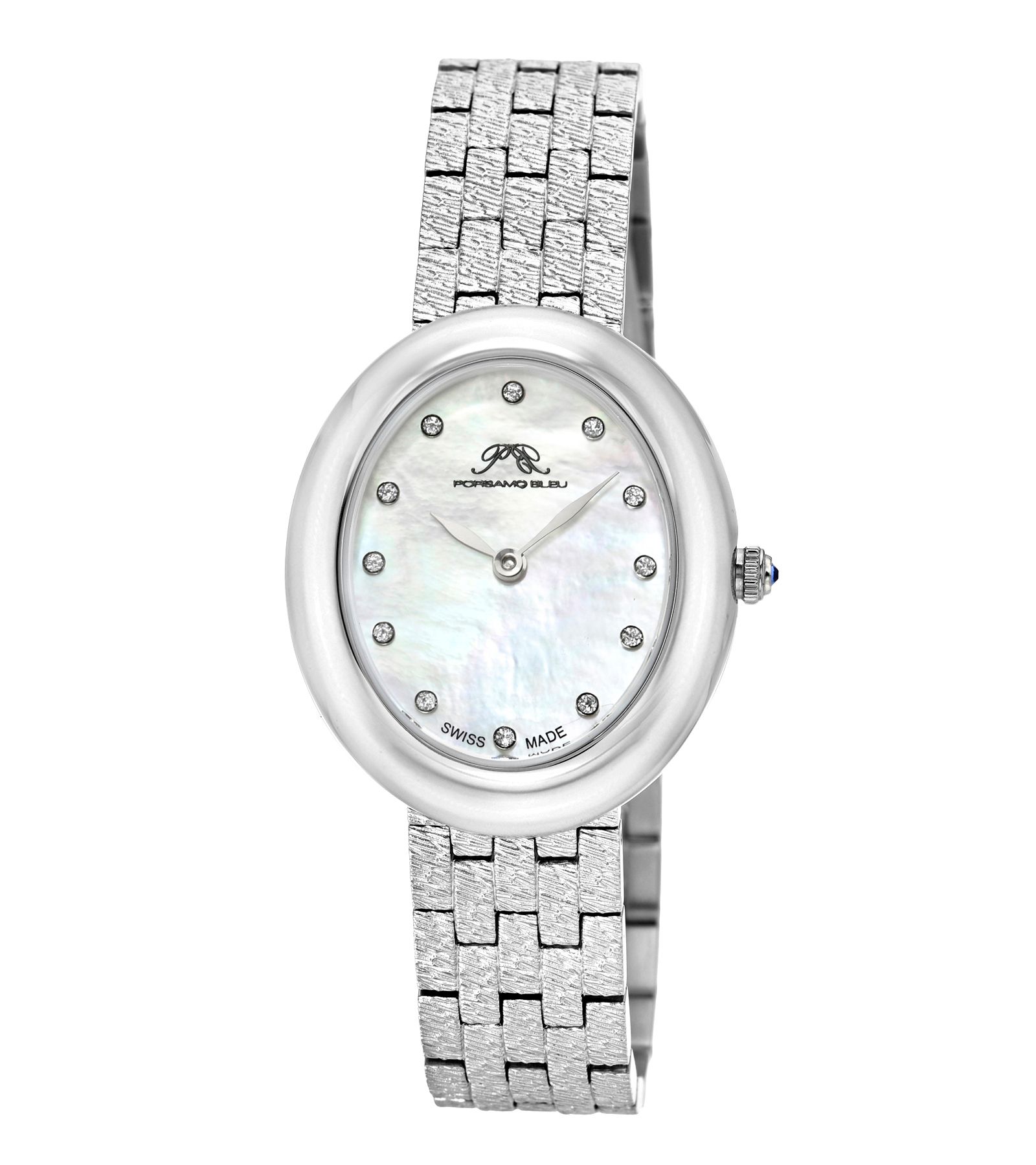 Porsamo Bleu Women's Angelica Oval Silver Tone Stainless Steel Bracelet Mother Of Pearl Dial Watch 35 mm