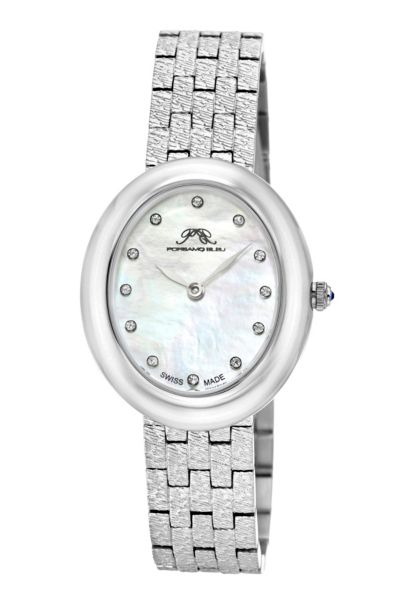 Porsamo Bleu Women's Angelica Oval Silver Tone Stainless Steel Bracelet Mother Of Pearl Dial Watch 35 mm