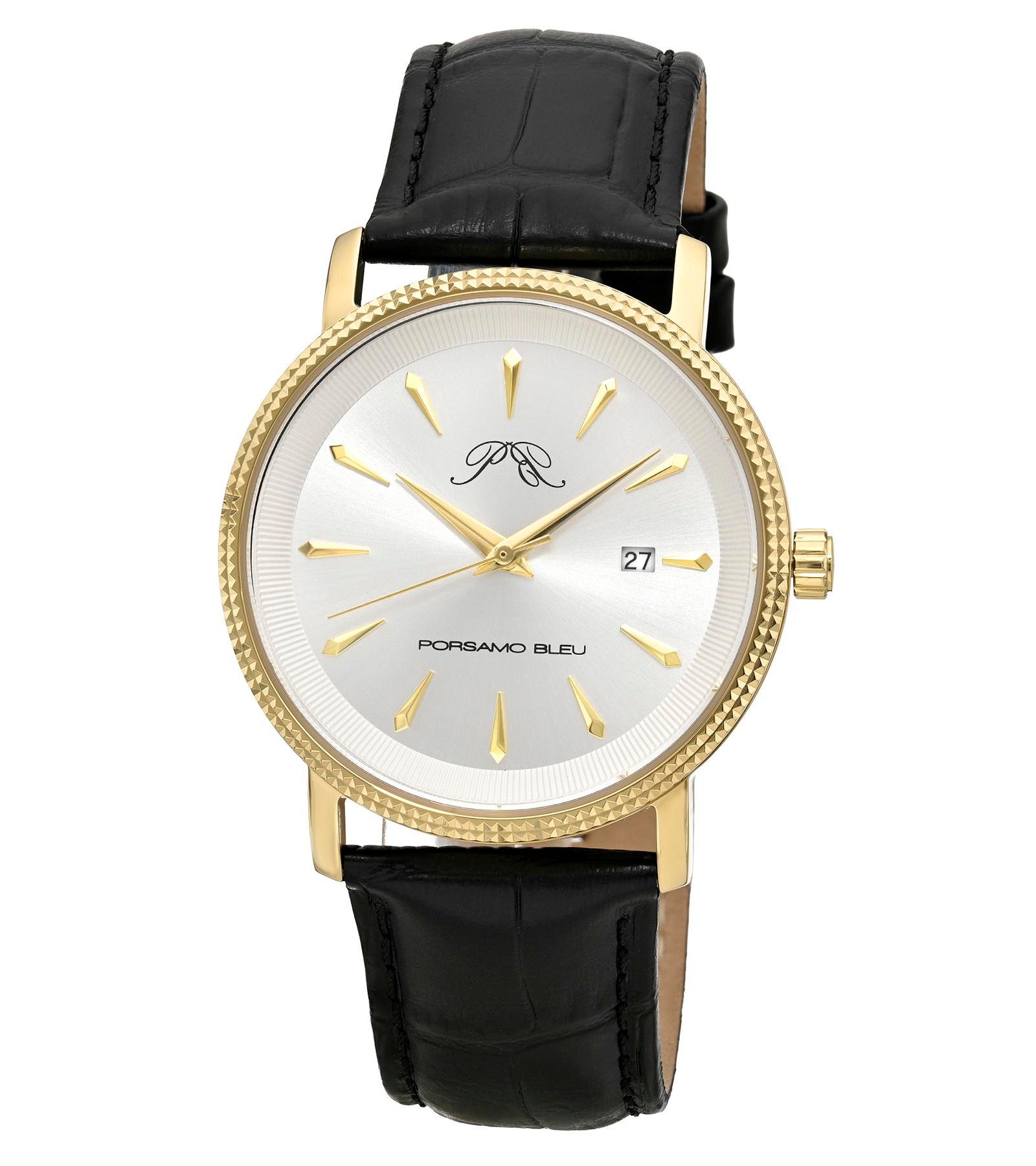 Porsamo Bleu Men's Veritas 2 Round Black Genuine Leather Band Watch 40 mm