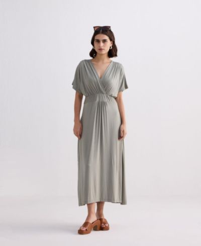 Reistor Women's FLowy A-Line Maxi Dress with Side Slits in Light Olive