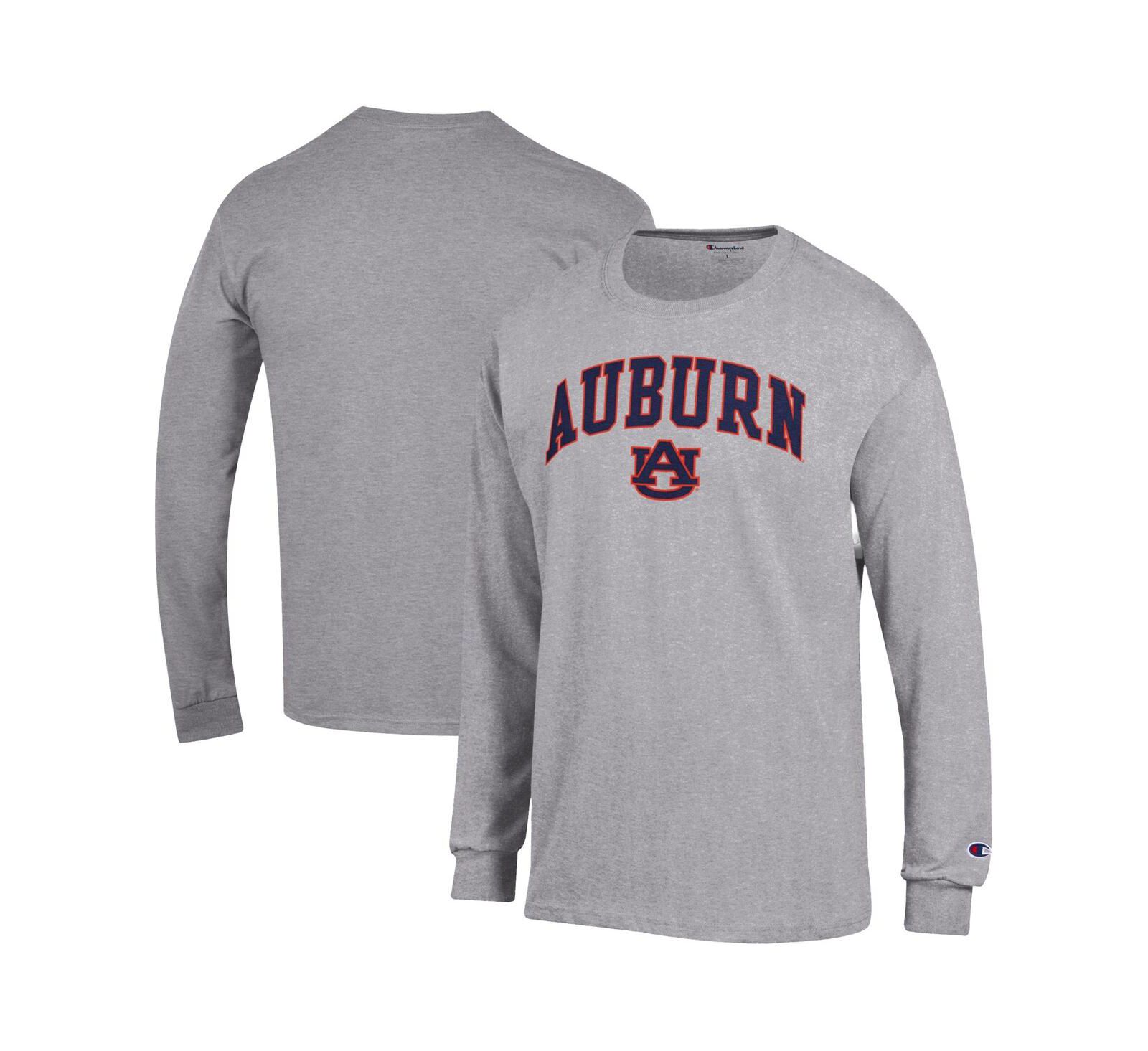 Мужская футболка Champion Basic Arch с длинным рукавом из хлопкового твилла цвета Heather Gray Auburn Tigers