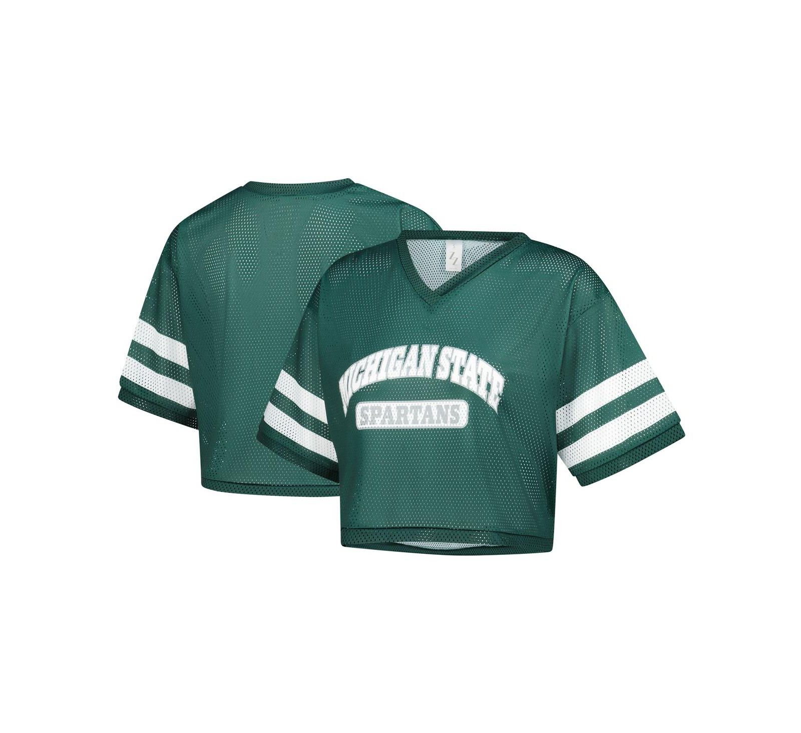 ZooZatz Women's Green Michigan State Spartans V-Neck Mesh Cropped T-Shirt