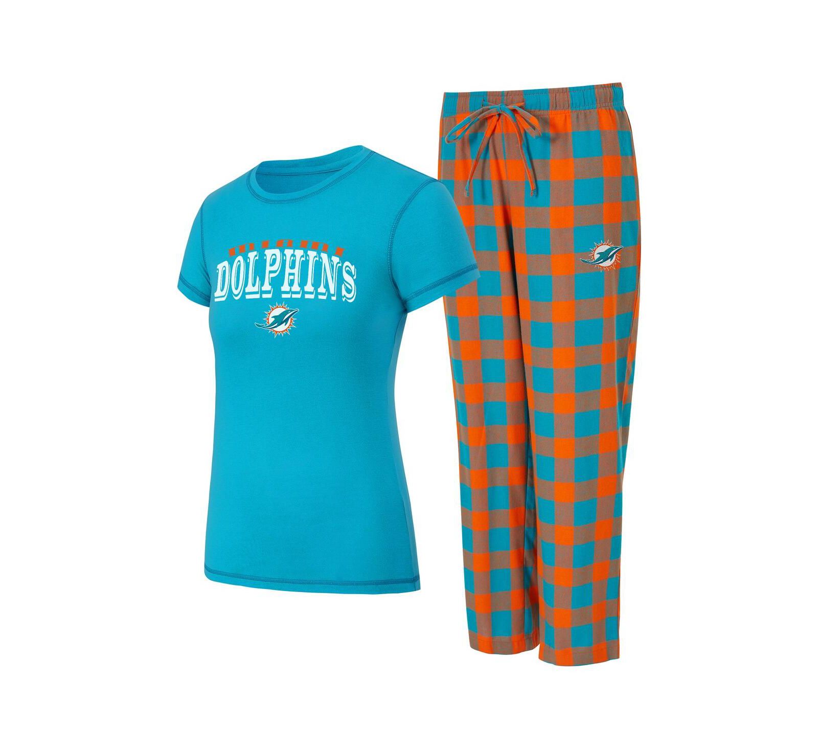 Женский комплект пижамы Concepts Sport 2-Piece Aqua/Orange Miami Dolphins Avondale T-Shirt and Pants Flannel