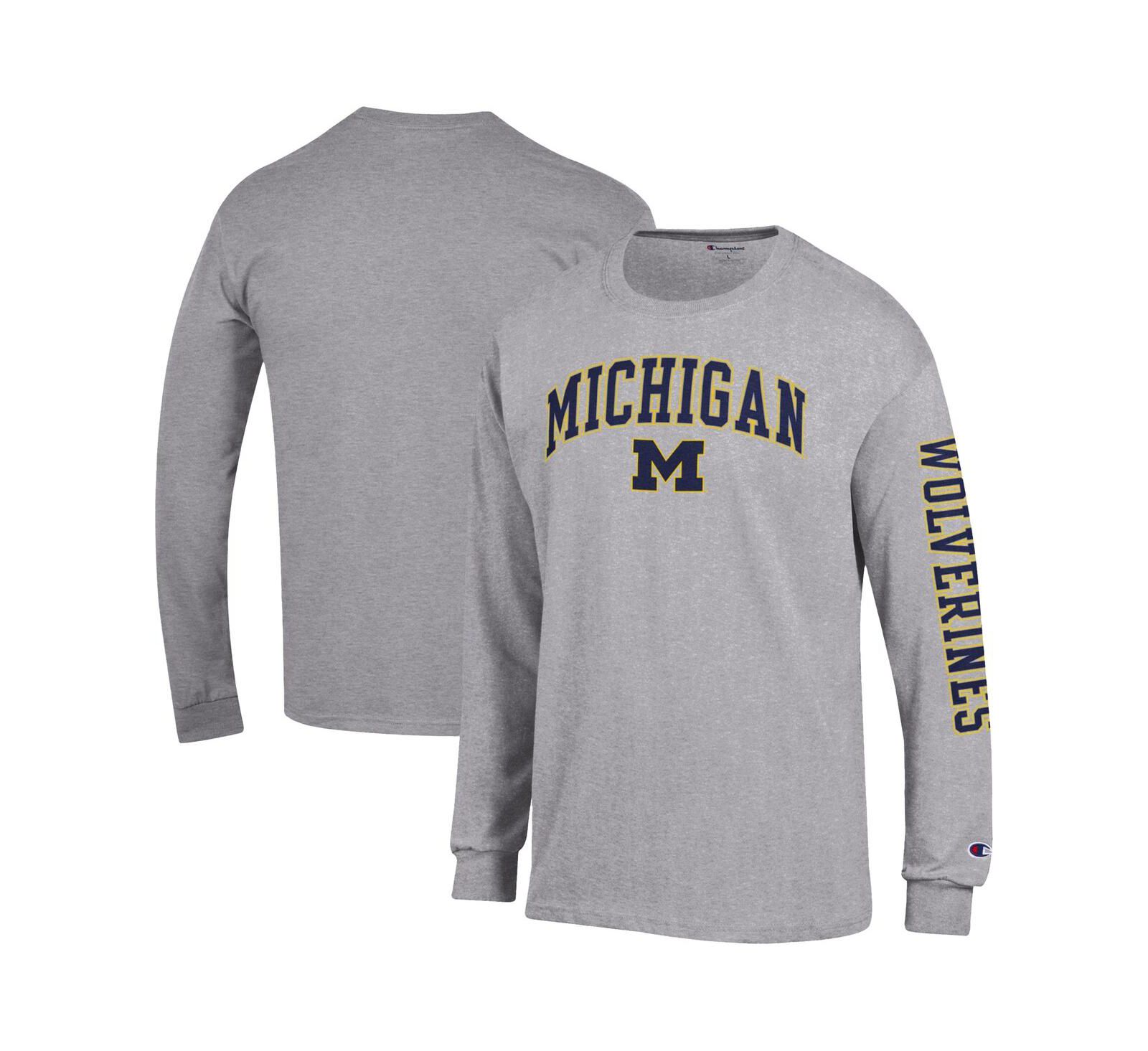 Champion Men's Heather Gray Michigan Wolverines Arch Over Logo 2-Hit Long Sleeve T-Shirt