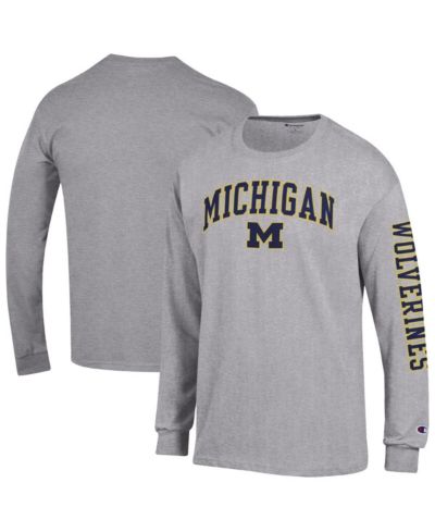 Champion Men's Heather Gray Michigan Wolverines Arch Over Logo 2-Hit Long Sleeve T-Shirt