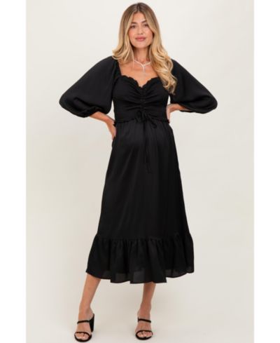 Pinkblush Women's Black Satin Smocked Cinched Bust Midi Dress