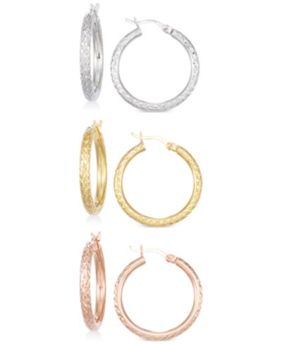 Set of Three Textured Hoop Earrings in 14k Tri-Gold Vermeil and Sterling Silver