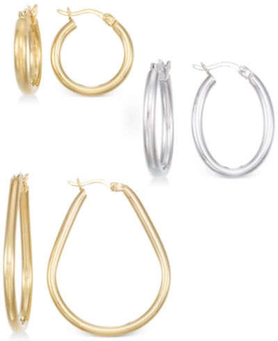 Набор из трех сережек-кольц из желтого золота 14k и стерлингового серебра