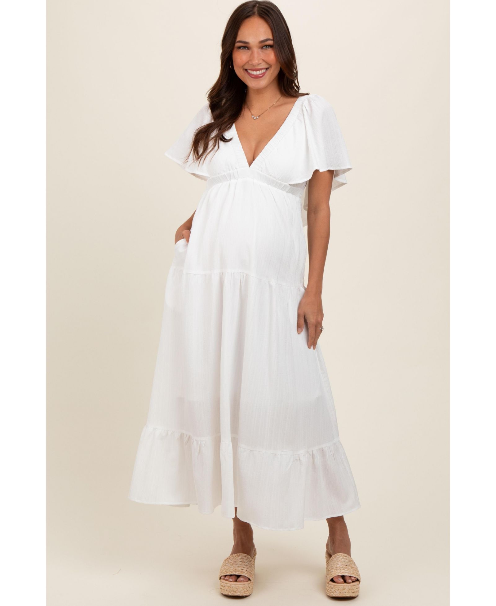 Pinkblush Women's Ivory Deep V-Neck Flutter Sleeve Tiered Midi Dress