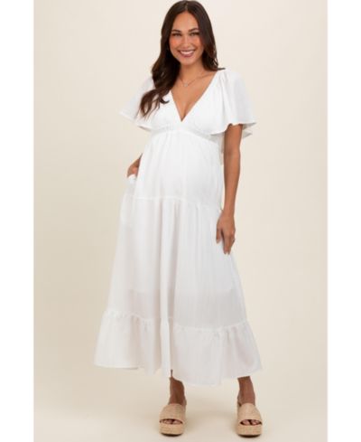 Pinkblush Women's Ivory Deep V-Neck Flutter Sleeve Tiered Midi Dress
