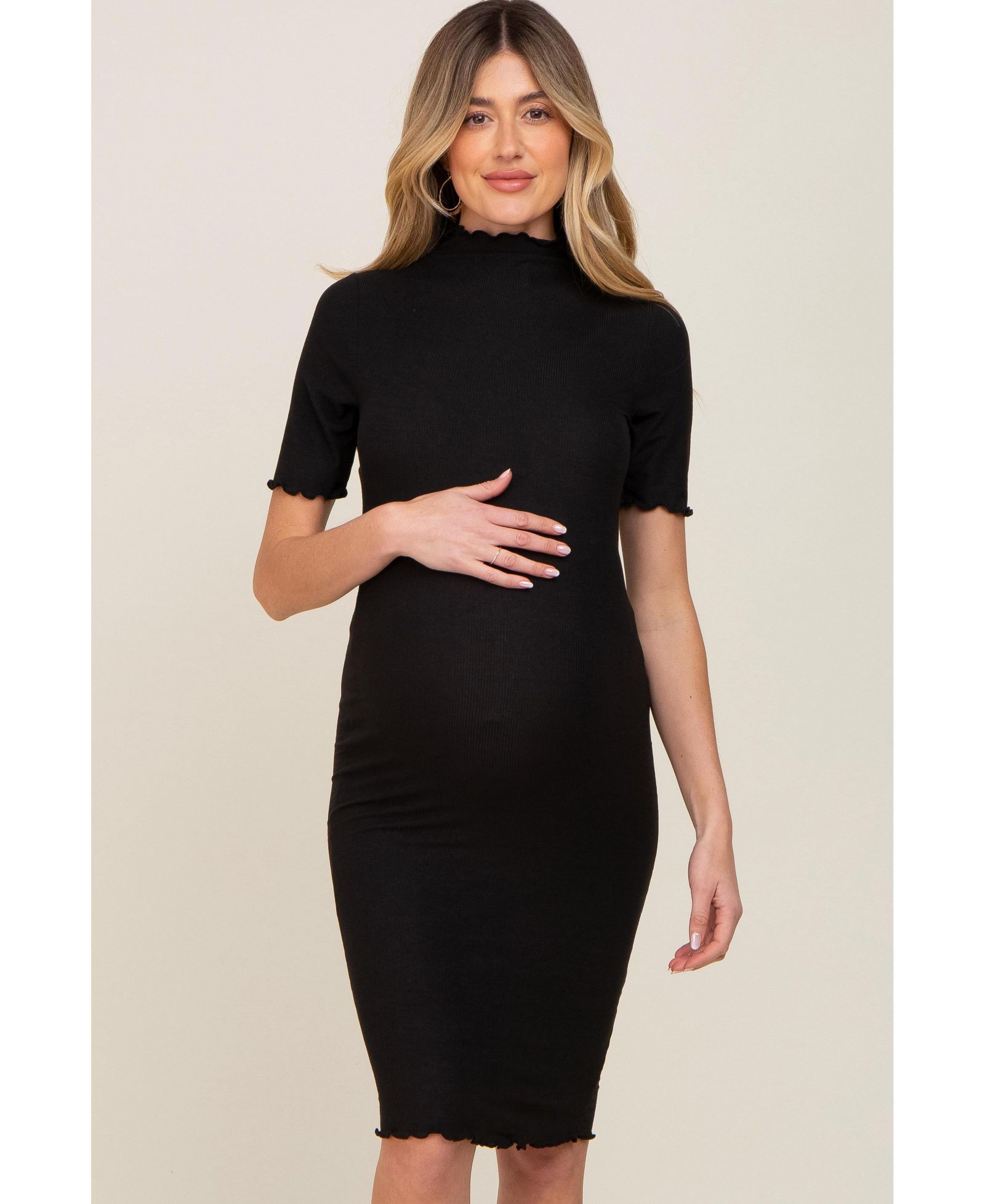 Pinkblush Женское платье Maternity Black Ribbed Mock Neck Fitted Midi