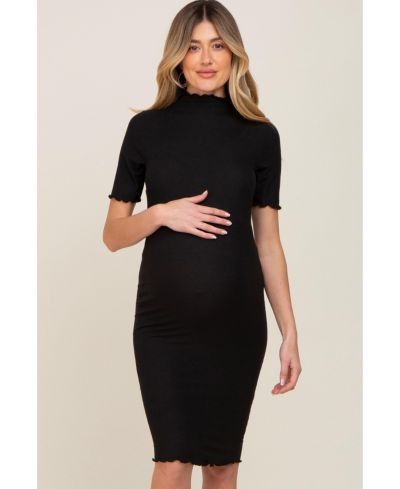 Pinkblush Женское платье Maternity Black Ribbed Mock Neck Fitted Midi