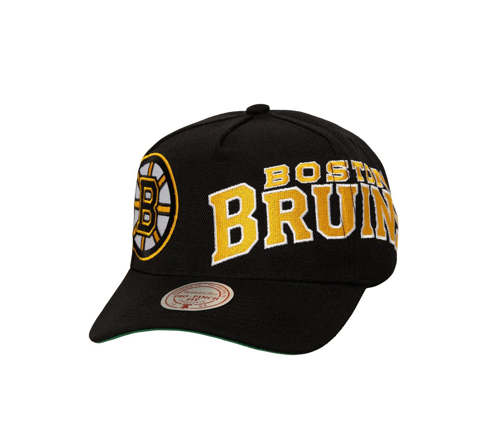 Мужская кепка Mitchell & Ness Black Boston Bruins Busted Logo Wordmark Wrap-Around Pro Pinch Adjustable