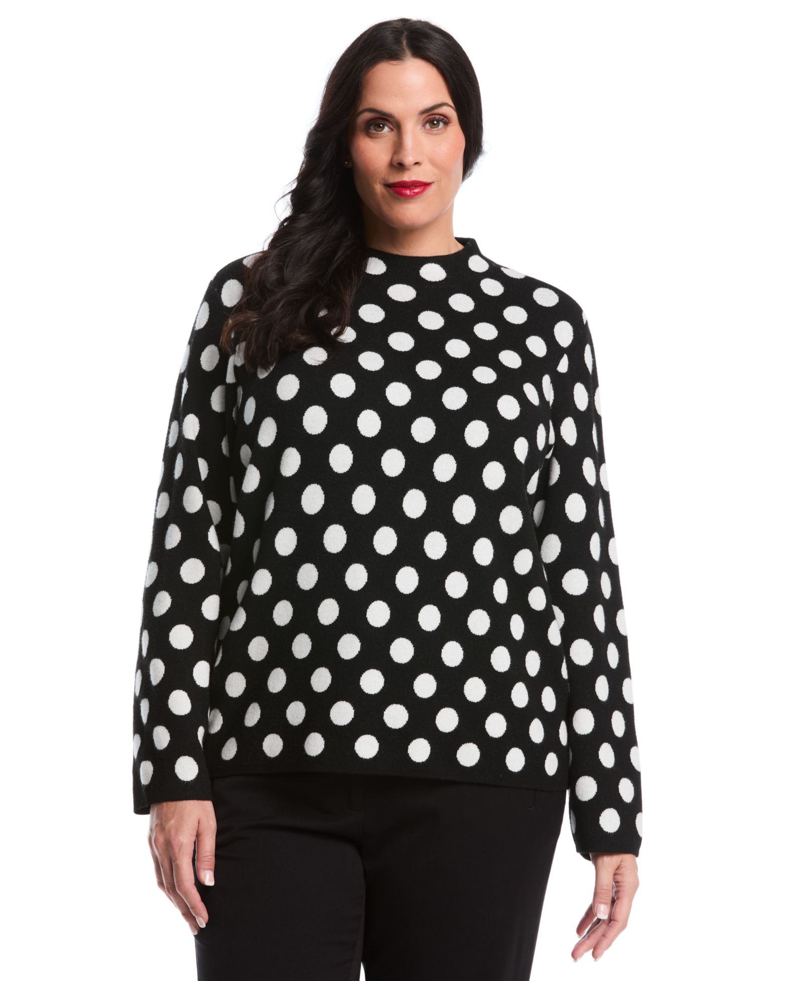 Rafaella Women's Plus Size Dot Print Mock Neck Long Sleeve Sweater