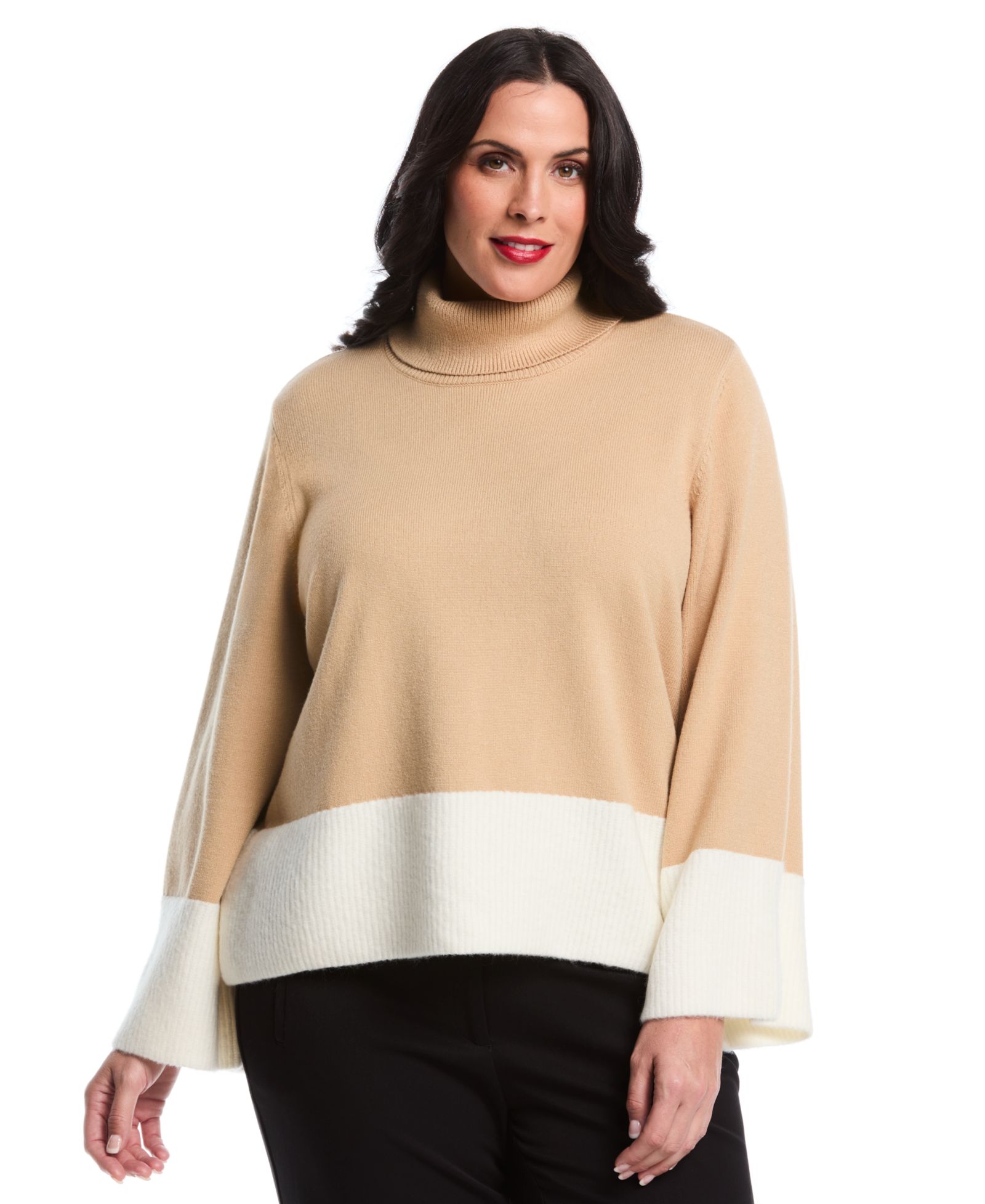 Rafaella Plus Size Color Block Trim Turtleneck Sweater